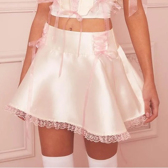 Sugar Thrillz Dresses & Skirts - Cream and Pink Satin Lace Skirt